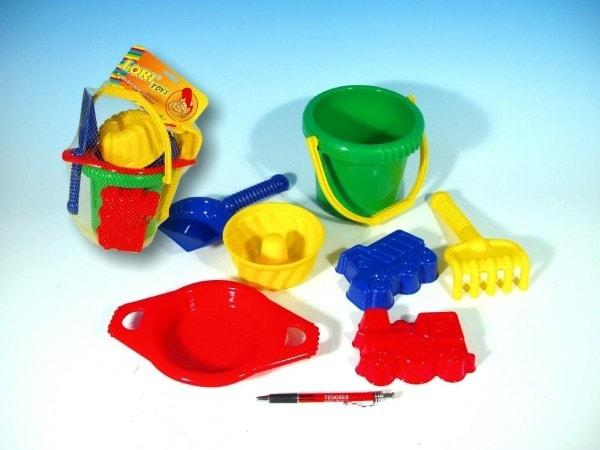Kbelík sítko lopatka hrabičky 3 bábovky plast v síťce od 12 měsíců