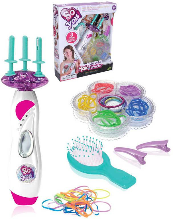 Zaplétač vlasů dětský kadeřnický set s kartáčem a gumičkami na baterie