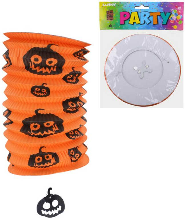 Lampion oranžový potisk dýně 15cm válec Halloween na svíčku / žárovku